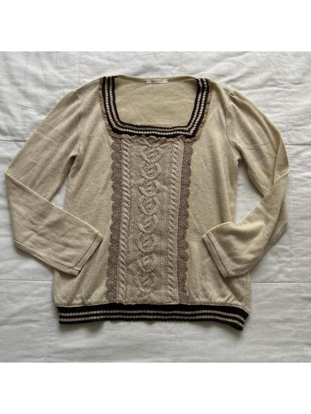 Axes Femme cream and brown square neck sweater with lace detailing